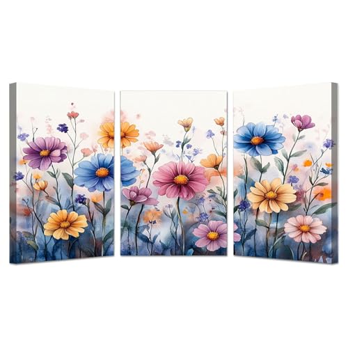 BOHUO 3-teiliges Set Natur Wandbilder XXL Leinwand Bilder Groß Blumen Retro Kunstdruck Wandbilder Wandbild Groß Wanddekoration Wohnzimmer Wand Bild(Blau 22)-30x50cmx3 Gerahmt von BOHUO