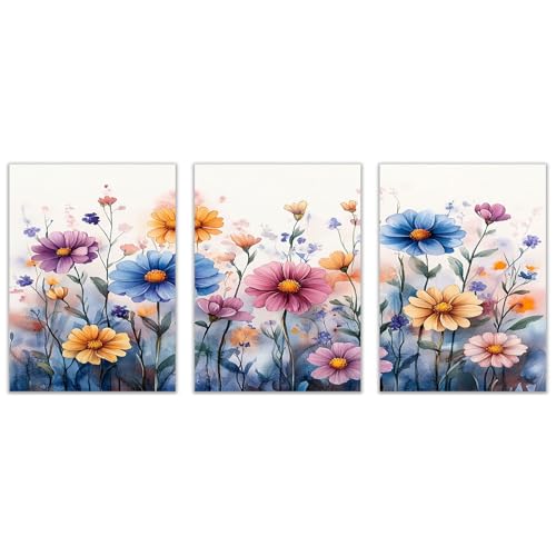 BOHUO 3-teiliges Set Natur Wandbilder XXL Leinwand Bilder Groß Blumen Retro Kunstdruck Wandbilder Wandbild Groß Wanddekoration Wohnzimmer Wand Bild(Blau 22)-60x80cmx3 Ungerahmt von BOHUO