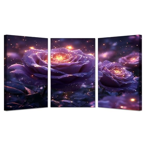 BOHUO 3-teiliges Set Wandbilder XXL Blumen Vlies Leinwandbild Elegant Kunstdruck Moderne Deko Bilder für Wohnzimmer Schlafzimmer(Lila 18)-60x80cmx3 Gerahmt von BOHUO