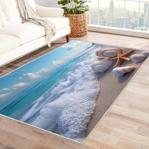 BOHUO 3D Home Teppich Wohnzimmer Ozean Carpet Meeresküste Wohnzimmer Moderner Waschbar Schlafzimmer Teppiche Kurzflor rutschfest Carpet(Grau 12)-150x210cm von BOHUO