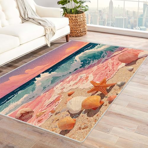 BOHUO 3D Ozean Strand Landschaft Teppich Bunte Wellen Schlafzimmer Dekoration Bodenbelag Innenbereich Teppich Waschbar Anti-Rutsch Carpet(Rosa 29)-150x240cm von BOHUO