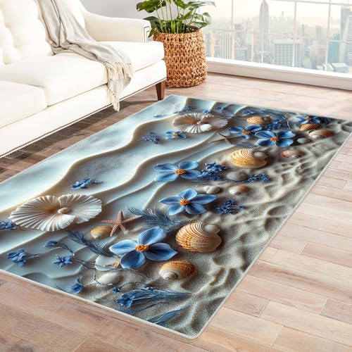 BOHUO 3D Teppich Kinderzimmer Ozean Carpet Retro-Blumen Teppiche fürs Schlafzimmer, Arbeitszimmer, Büro, Flur, Kinderzimmer und Küche Carpet(Blau)-150x180cm von BOHUO