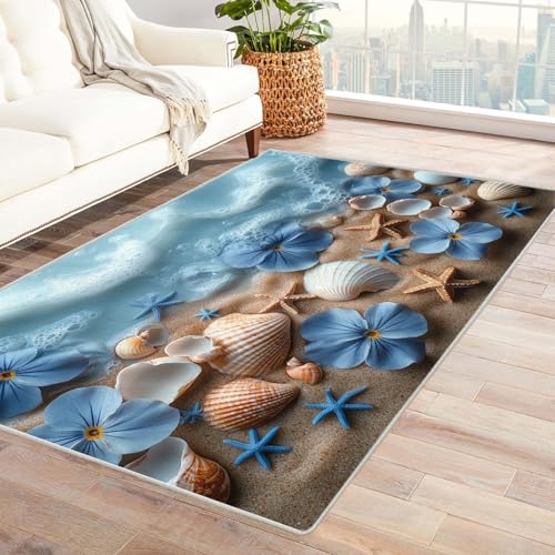 BOHUO 3D Teppich Wohnzimmer Kurzflor Abstrakt Strand Ozean Retro-Blumen Teppiche für Schlafzimmer Esszimmer rutschfest Weich Modern Teppich Groß Carpet(Blau)-120x180cm von BOHUO