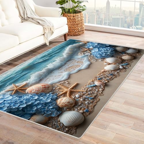 BOHUO 3D Teppich Wohnzimmer Kurzflor Abstrakt Strand Ozean Retro-Blumen Teppiche für Schlafzimmer Esszimmer rutschfest Weich Modern Teppich Groß Carpet(Blau)-180x270cm von BOHUO