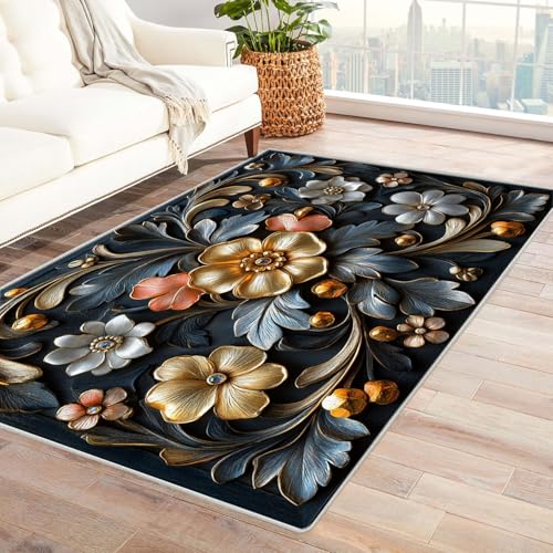BOHUO 3D Vintage Teppich Wohnzimmer Waschbar Blumen Boho Teppiche für Schlafzimmer Esszimmer rutschfest Weich Modern Teppich Groß Rug(Gold 6)-60x90cm von BOHUO