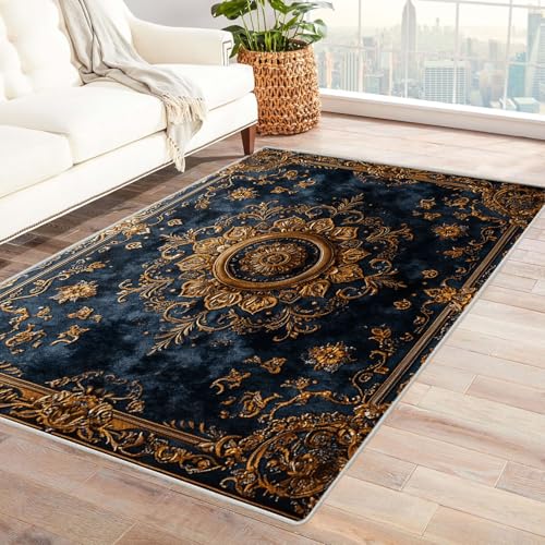 BOHUO 3D Vintage Teppich Wohnzimmer Waschbar Bohème Boho Teppich, Klein Carpet rutschfest, Schlafzimmer, Esszimmer, Büro(Blau 36)-150x210cm von BOHUO
