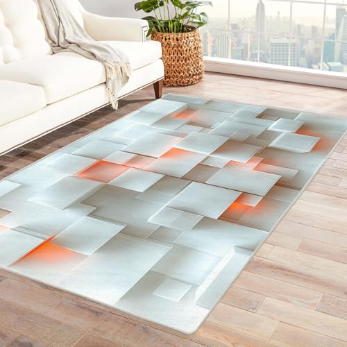 BOHUO 3D Vintage Teppich Wohnzimmer Waschbar Geometrie Haus Dekoration Wohnzimmer Rutschfester Rug Eingangstürmatte Ocean Kinderkrabbel Carpet(Weiß 30)-210x270cm von BOHUO