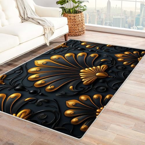 BOHUO 3D Vintage Teppich Wohnzimmer Waschbar Linien Haus Dekoration Wohnzimmer Rutschfester Rug Eingangstürmatte Ocean Kinderkrabbel Carpet(Gold 12)-240x300cm von BOHUO