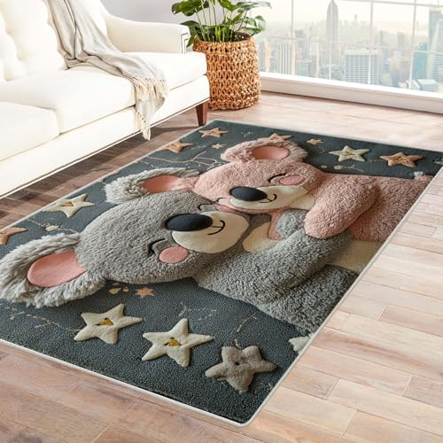 BOHUO 3D Vintage Teppich Wohnzimmer Waschbar Niedliche Tiere Haus Dekoration Wohnzimmer Rutschfester Rug Eingangstürmatte Ocean Kinderkrabbel Carpet(Grau 12)-210x270cm von BOHUO