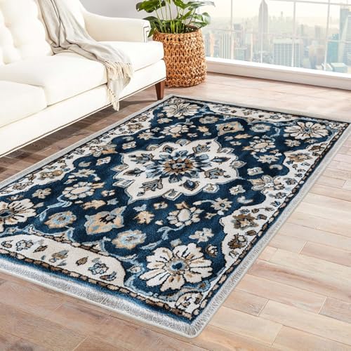 BOHUO 3D Vintage Teppich Wohnzimmer Waschbar Retro Boho Teppiche für Schlafzimmer Esszimmer rutschfest Weich Modern Teppich Groß Rug(Blau 6)-150x210cm von BOHUO