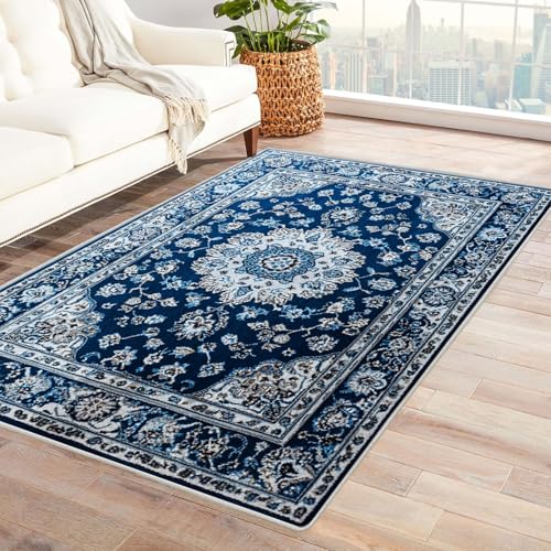 BOHUO 3D Vintage Teppich Wohnzimmer Waschbar Textur Boho Teppich, Klein Carpet rutschfest, Schlafzimmer, Esszimmer, Büro(Blau 18)-60x90cm von BOHUO
