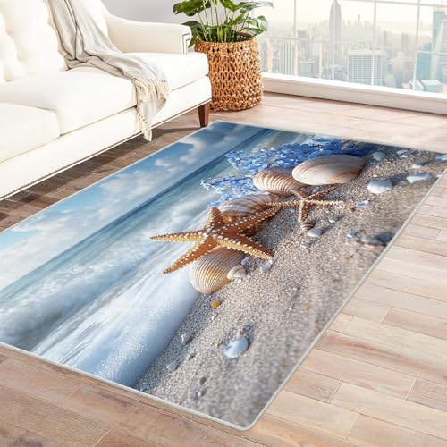 BOHUO 3D moderner Kurzflor Teppich Ozean Carpet Wellen Blumen Dekoration Badezimmer Rutschfester Rug Eingangstürmatte Kinderkrabbel Carpet(Blau 17)-150x180cm von BOHUO