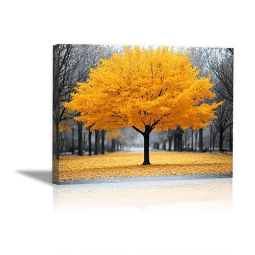 BOHUO Baum des Lebens Leinwand Bilder, Herbst-Baum Poster Pictures Wandbilder Groß Bild für Wohnzimmer Schlafzimmer Wanddekoration - 60x80cm Gerahmt(Gelb) von BOHUO