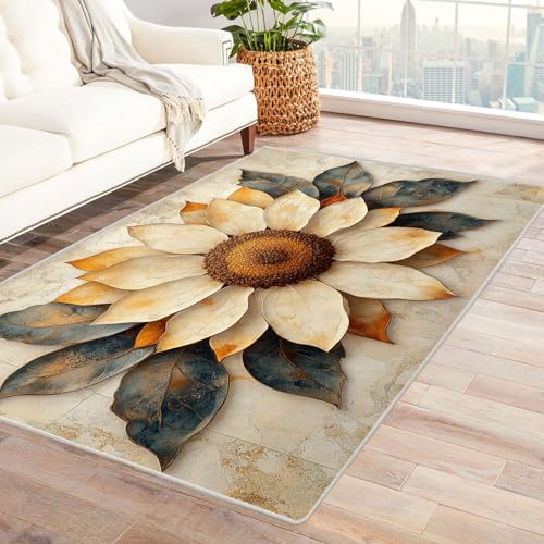 BOHUO Boho Kurzflor Teppich Schlafzimmer Blumen Teppich Wohnzimmer Schlafzimmer Weich Kurzflor & Waschbar & rutschfest Rug(Orange 3)-90x120cm von BOHUO