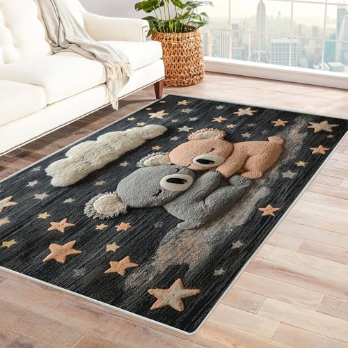 BOHUO Boho Kurzflor Teppich Schlafzimmer Cartoon Teppich Wohnzimmer Schlafzimmer Weich Kurzflor & Waschbar & rutschfest Rug(Schwarz 39)-150x240cm von BOHUO