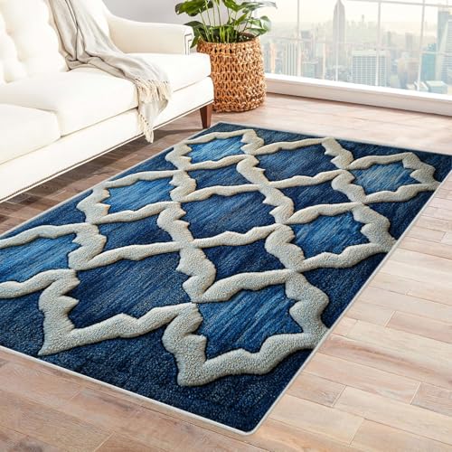 BOHUO Boho Kurzflor Teppich Schlafzimmer Geometrie Teppich Wohnzimmer Schlafzimmer Weich Kurzflor & Waschbar & rutschfest Rug(Blau 39)-90x120cm von BOHUO