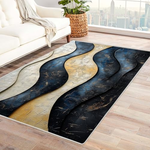 BOHUO Boho Kurzflor Teppich Schlafzimmer Linien Teppich Wohnzimmer Schlafzimmer Weich Kurzflor & Waschbar & rutschfest Rug(Blau 21)-90x120cm von BOHUO