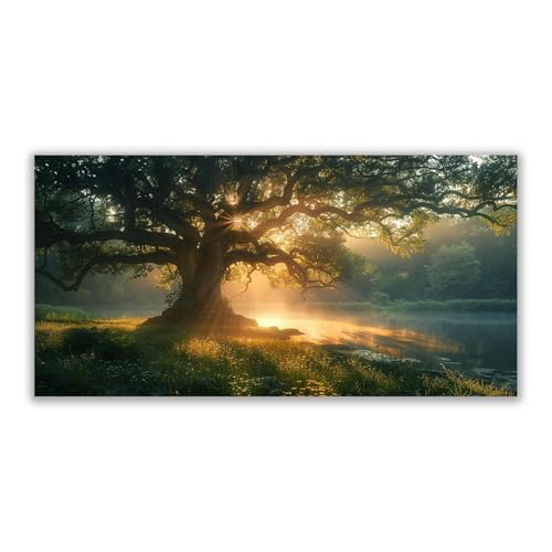 BOHUO Gold, grün Baum des Lebens Leinwand Bilder, Natürlicher Sonnenuntergang Poster Pictures Wandbilder Groß Bild für Wohnzimmer Schlafzimmer Wanddekoration-60x120cm Ungerahmt von BOHUO