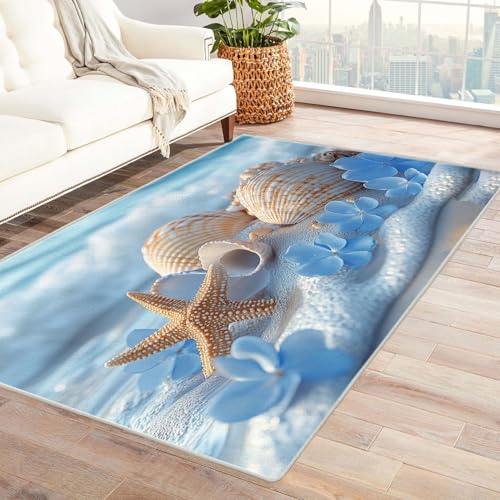 BOHUO Rug 3D Home Teppich Wohnzimmer Strand Ozean Blumen Teppich Wohnzimmer Schlafzimmer Weich Kurzflor & Waschbar & rutschfest Carpet(Blau 4)-210x300cm von BOHUO