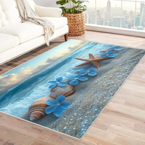 BOHUO Rug 3D Home Teppich Wohnzimmer Strand Ozean Retro-Blumen Teppich Wohnzimmer Schlafzimmer Weich Kurzflor & Waschbar & rutschfest Carpet(Blau)-60x90cm von BOHUO
