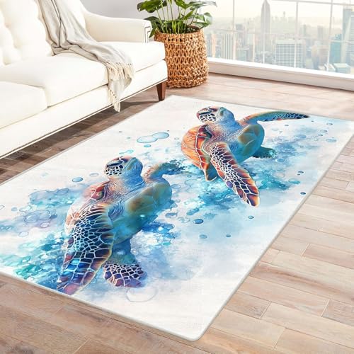 BOHUO Rug 3D Teppich Kinderzimmer Retro Strand Ozean Aquarelltiere ideal fürs Wohnzimmer, Schlafzimmer und Kinderzimmer auch als Badematte Carpet(Blau 5)-150x210cm von BOHUO