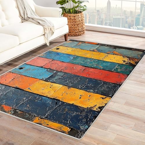 BOHUO Rug 3D Teppich Retro Boho Bunte Linien Teppich Wohnzimmer Schlafzimmer Weich Kurzflor & Waschbar & rutschfest Carpet(Gelb)-210x270cm von BOHUO