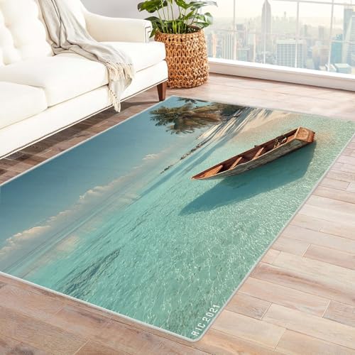 BOHUO Rug 3D Teppich Retro Strand Ozean Himmel Baum Teppich Wohnzimmer Schlafzimmer Weich Kurzflor & Waschbar & rutschfest Carpet(Blau 8)-90x150cm von BOHUO