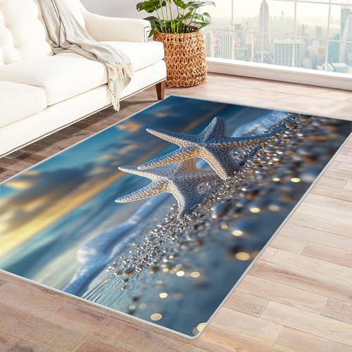 BOHUO Rug 3D Teppich Retro Strand Ozean Niedliche Tiere Teppich Wohnzimmer Schlafzimmer Weich Kurzflor & Waschbar & rutschfest Carpet(Gold)-210x270cm von BOHUO
