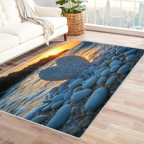 BOHUO Rug 3D Teppich Retro Strand Ozean Sonnenuntergang Teppich Wohnzimmer Schlafzimmer Weich Kurzflor & Waschbar & rutschfest Carpet(Orange)-240x300cm von BOHUO
