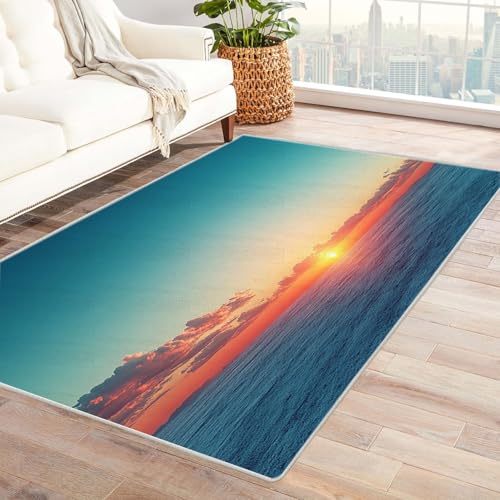 BOHUO Rug 3D Teppich Retro Strand Ozean Sonnenuntergang Teppich Wohnzimmer Schlafzimmer Weich Kurzflor & Waschbar & rutschfest Carpet(Orange 8)-150x210cm von BOHUO