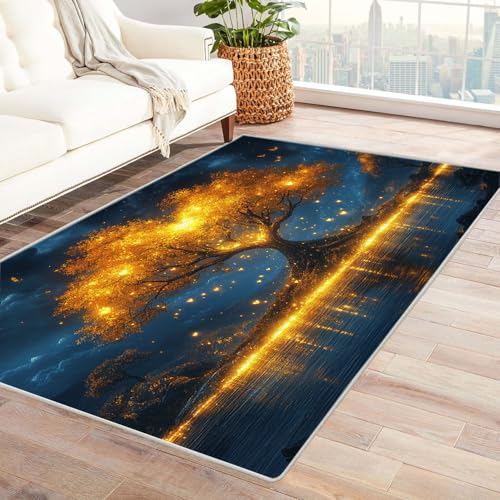 BOHUO Rug 3D moderner Baum des Lebens Wohnzimmer Teppich Abstrakte Seebäume Teppich Wohnzimmer Schlafzimmer Weich Kurzflor & Waschbar & rutschfest Carpet(Gelb)-150x210cm von BOHUO