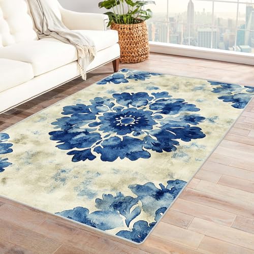 BOHUO Rug 3D moderner Vintage Boho Wohnzimmer Teppich Retro Blumen Teppiche für Schlafzimmer Esszimmer rutschfest Weich Modern Teppich Groß Carpet(Blau)-210x270cm von BOHUO