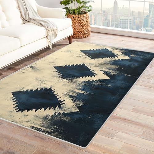 BOHUO Rug 3D moderner Vintage Boho Wohnzimmer Teppich Retro-Linien Teppich Wohnzimmer Schlafzimmer Weich Kurzflor & Waschbar & rutschfest Carpet(Blau)-120x150cm von BOHUO