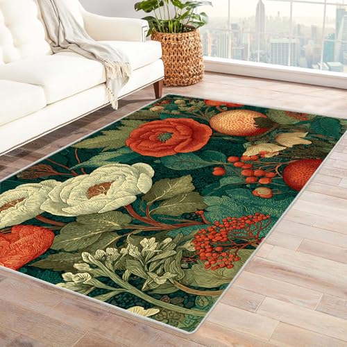 BOHUO Rug Generic Weicher Teppich 3D Retro Boho Abstrakte Blumen Wohnzimmer Moderner Waschbar Schlafzimmer Teppiche Kurzflor rutschfest Carpet(Rot)-150x210cm von BOHUO