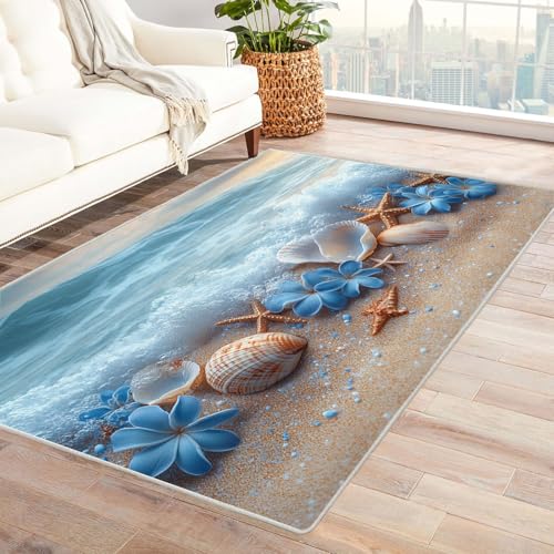BOHUO Rug Generic Weicher Teppich 3D Retro Strand Ozean Blumen am Meer Moderne für Schlafzimmer Kinderzimmer Küche Terrasse Schlafzimmer Carpet(Blau 10)-240x300cm von BOHUO