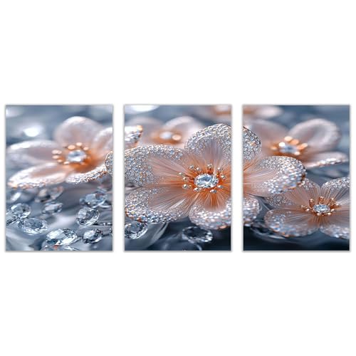 BOHUO Set 3Teilig Vintage Blumen Leinwand Bilder Elegant Kunstdruck Wandbilder Wandbild Groß Wanddekoration Wohnzimmer Wand Bild(Silber 11)-30x40cmx3 Ungerahmt von BOHUO