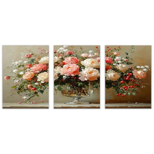 BOHUO Set 3Teilig Vintage Blumen Leinwand Bilder Farbenfroh Blumen Wandbild für Badezimmer Schlafzimmer Wohnzimmer Dekor(Rosa 20)-60x80cmx3 Ungerahmt von BOHUO