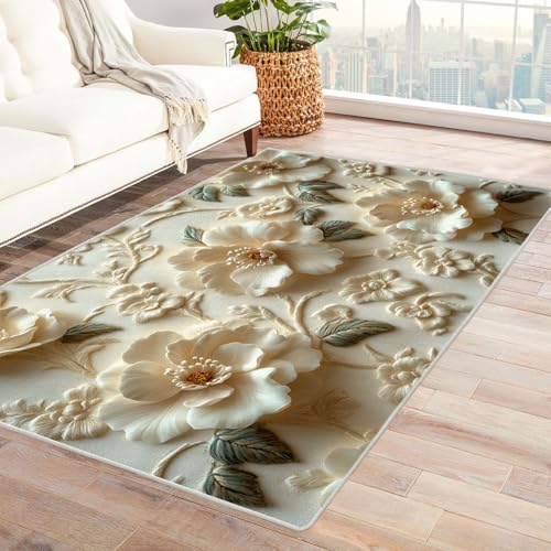 BOHUO Teppich Kurzflor Vintage Böhmischer Blumen Teppiche fürs Schlafzimmer, Arbeitszimmer, Büro, Flur, Kinderzimmer und Küche Rug(Weiß 1)-180x240cm von BOHUO
