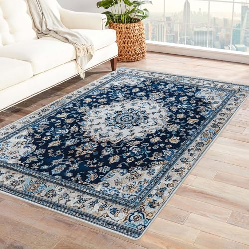 BOHUO Teppich Kurzflor Vintage Böhmischer Minimalistisch Teppich Wohnzimmer Schlafzimmer Weich Kurzflor & Waschbar & rutschfest Rug(Blau 7)-90x120cm von BOHUO