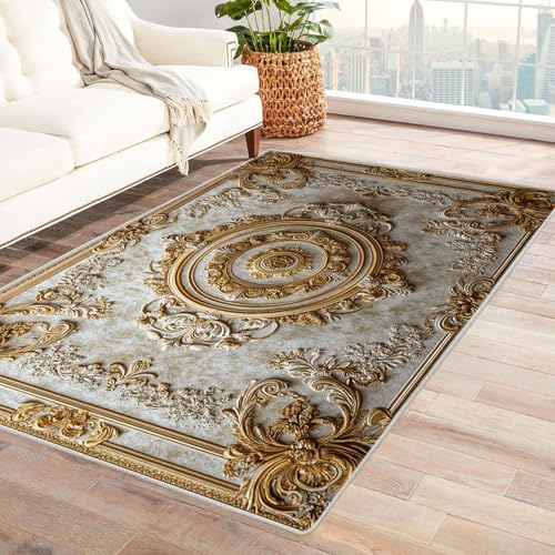 BOHUO Teppich Kurzflor Vintage Böhmischer Vintage Teppiche fürs Schlafzimmer, Arbeitszimmer, Büro, Flur, Kinderzimmer und Küche Rug(Gold 1)-150x240cm von BOHUO