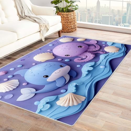BOHUO Teppich Ozean Kinder Cartoon-Tiere Teppiche für Schlafzimmer Esszimmer rutschfest Weich Modern Teppich Groß Carpet(Lila)-210x270cm von BOHUO