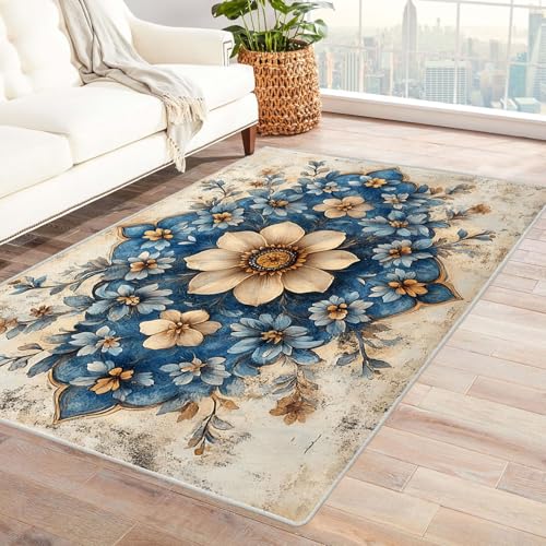 BOHUO Teppich Wohnzimmer Waschbarer Boho Blumen Kleiner Teppich Maritim Nautische, Weich Kurzflor & Waschbar & rutschfest Fussmatte Innen(Blau 32)-150x240cm von BOHUO
