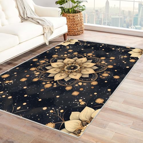 BOHUO Teppich Wohnzimmer Waschbarer Boho Blumen Kleiner Teppich Maritim Nautische, Weich Kurzflor & Waschbar & rutschfest Fussmatte Innen(Schwarz 14)-150x210cm von BOHUO