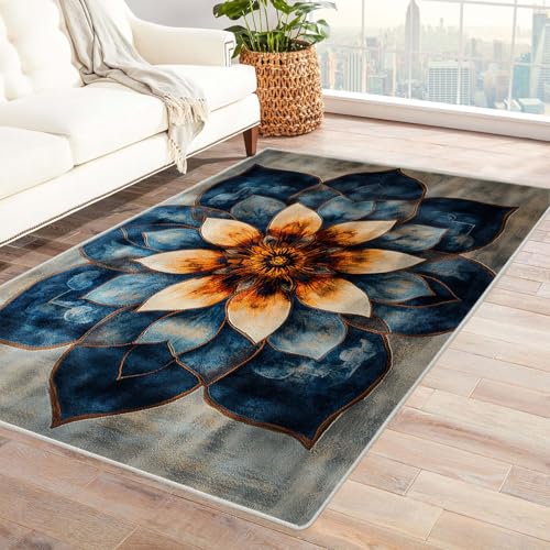 BOHUO Teppich Wohnzimmer Waschbarer Boho Blumen Teppiche für Schlafzimmer Esszimmer rutschfest Weich Modern Teppich Groß Rug(Blau 20)-90x120cm von BOHUO
