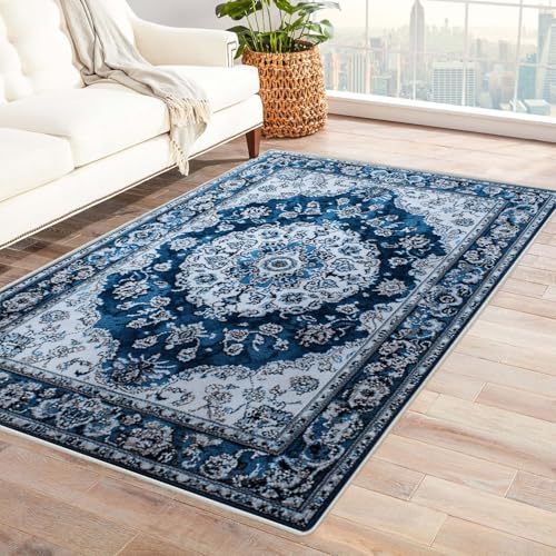 BOHUO Teppich Wohnzimmer Waschbarer Boho Minimalistisch Teppiche für Schlafzimmer Esszimmer rutschfest Weich Modern Teppich Groß Rug(Blau 2)-90x120cm von BOHUO