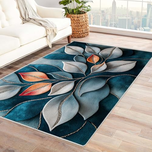 BOHUO Vintage Teppich Wohnzimmerteppich Blätter Kleiner Teppich Ozean, Weich Kurzflor & Waschbar & rutschfest Fussmatte Innen, Kinderteppich(Blau 10)-60x90cm von BOHUO