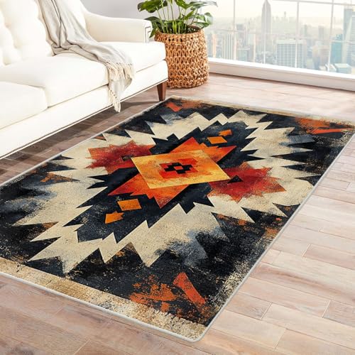 BOHUO Vintage Teppich Wohnzimmerteppich Bohème Kleiner Teppich Ozean, Weich Kurzflor & Waschbar & rutschfest Fussmatte Innen, Kinderteppich(Orange 28)-180x240cm von BOHUO