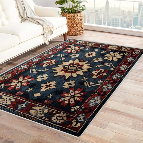 BOHUO Vintage Teppich Wohnzimmerteppich Retro Kurzflor Waschbarer Teppich Super Weich rutschfest Blumen Design Groß Wohnzimmerteppich(Blau 16)-210x300cm von BOHUO