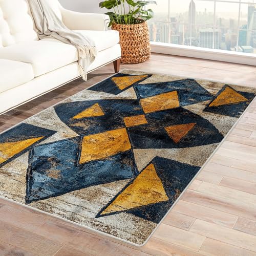 BOHUO Wohnzimmer Vintage Teppich Geometrisch Carpet Waschbarer Vintage Kurzflor Esszimmer Vorzimmer Boho Living Room Rug Bedroom(Blau 17)-60x90cm von BOHUO