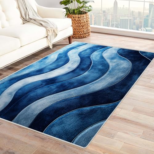 BOHUO Wohnzimmer Vintage Teppich Linien Schlafzimmer Badezimmer Rutschfester Rug Eingangstürmatte Ocean Kinderkrabbel Carpet(Blau 11)-180x270cm von BOHUO